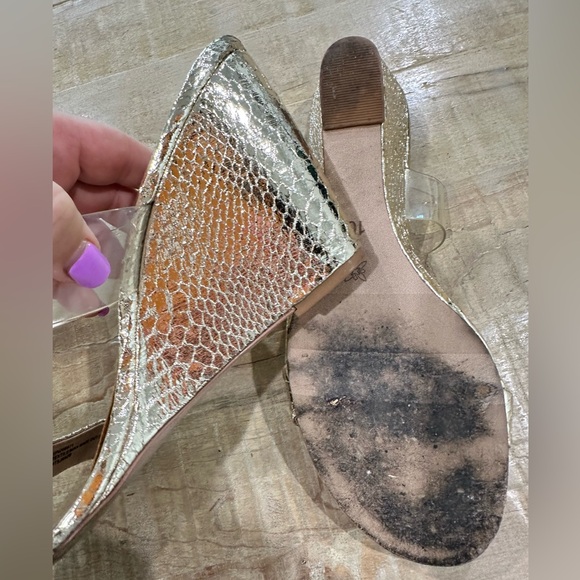 BCBGeneration gold metallic open toe wedge PATTI heels shoes slide sandal - Picture 15 of 16